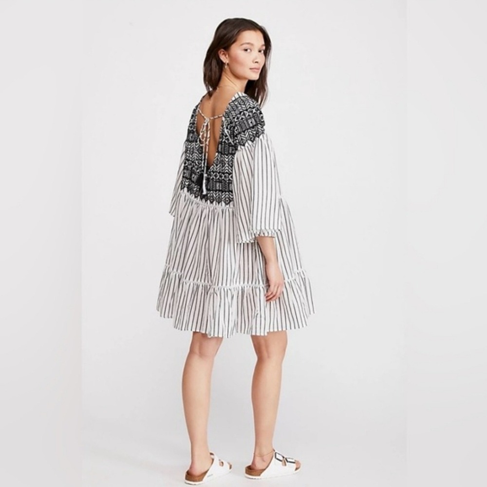 Free People Lola Black White Striped Embroidered‎ Loose Fit Mini Dress Small